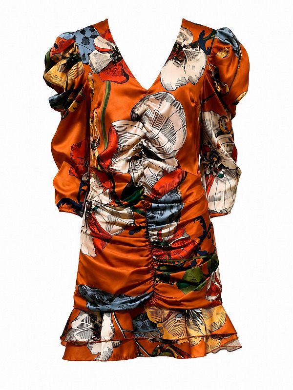 【新品DRESS 897】花柄バルーンショルダーギャザーセミフレアミニドレス オレンジ【ViCoLo】